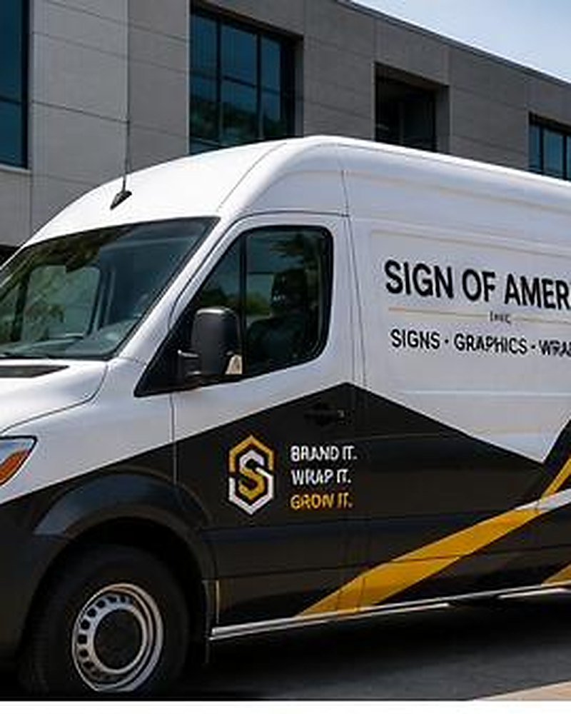 AI-generated mockup, not an actual Sign of America project — temporary design asset for layout review only. Commercial van wrap feature image.