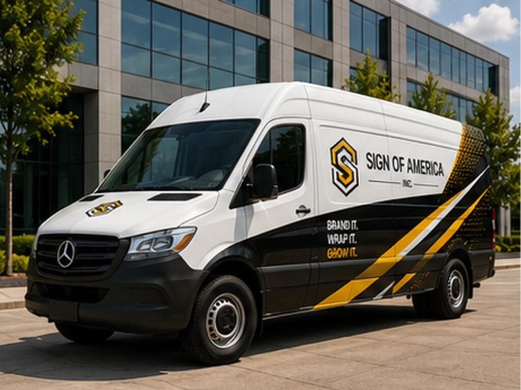 AI-generated mockup, not an actual Sign of America project — temporary design asset for layout review only. Commercial van wrap.