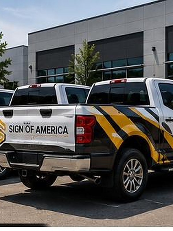 AI-generated mockup, not an actual Sign of America project — temporary design asset for layout review only. Fleet vehicle graphics.