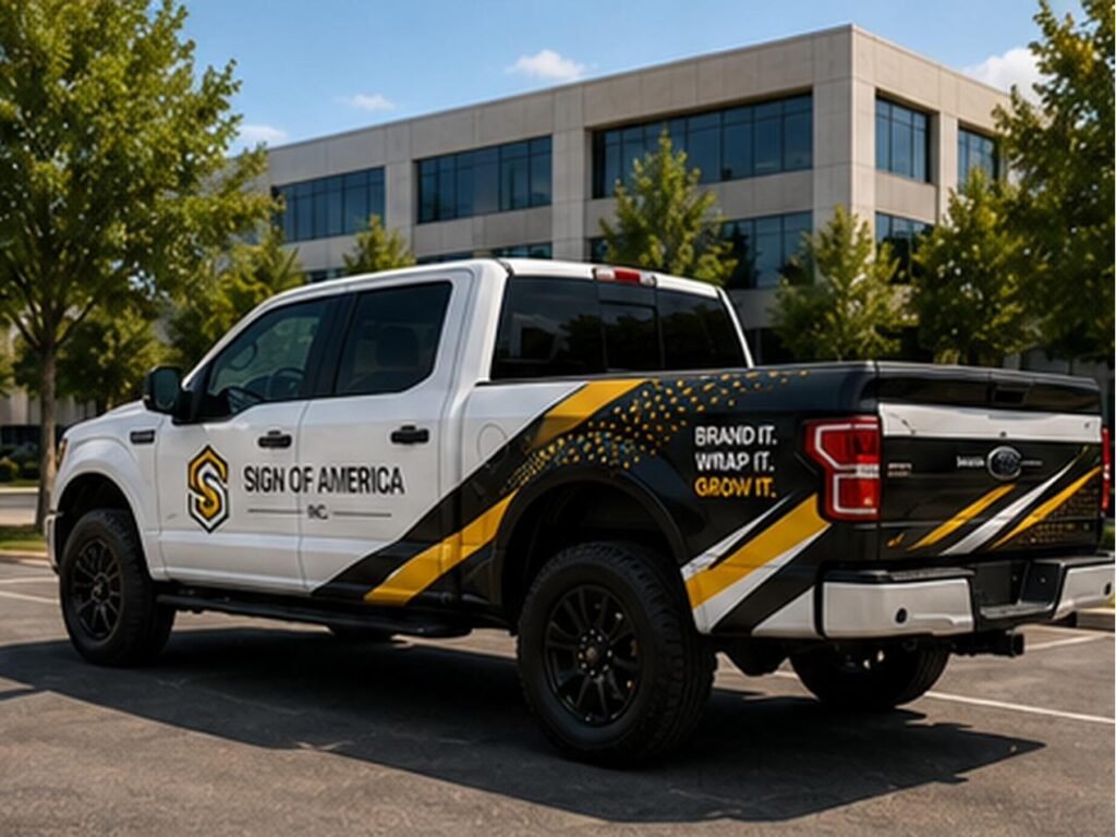 AI-generated mockup, not an actual Sign of America project — temporary design asset for layout review only. Pickup truck wrap.