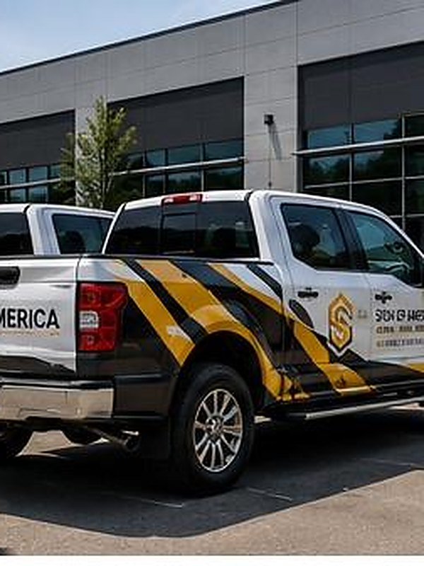 AI-generated mockup, not an actual Sign of America project — temporary design asset for layout review only. Pickup truck wrap.
