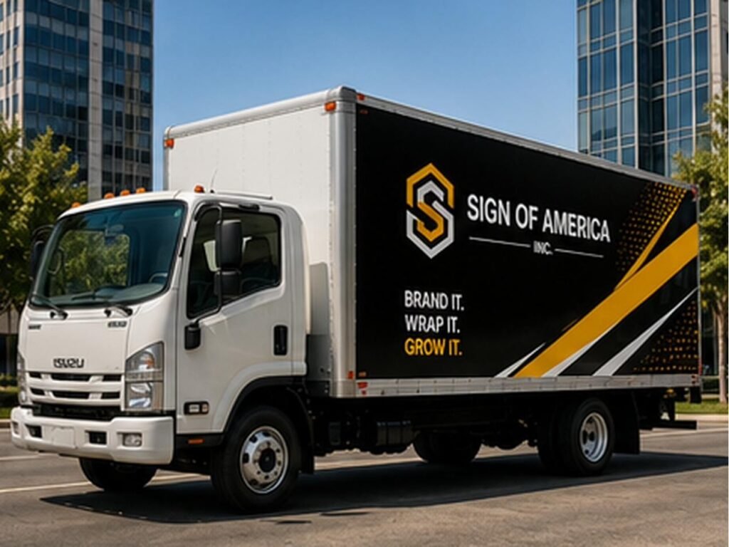 AI-generated mockup, not an actual Sign of America project — temporary design asset for layout review only. Box truck wrap.
