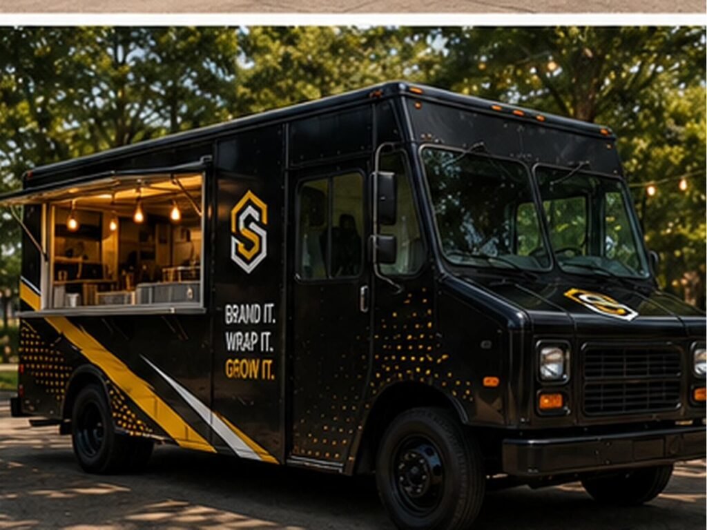 AI-generated mockup, not an actual Sign of America project — temporary design asset for layout review only. Food truck wrap.