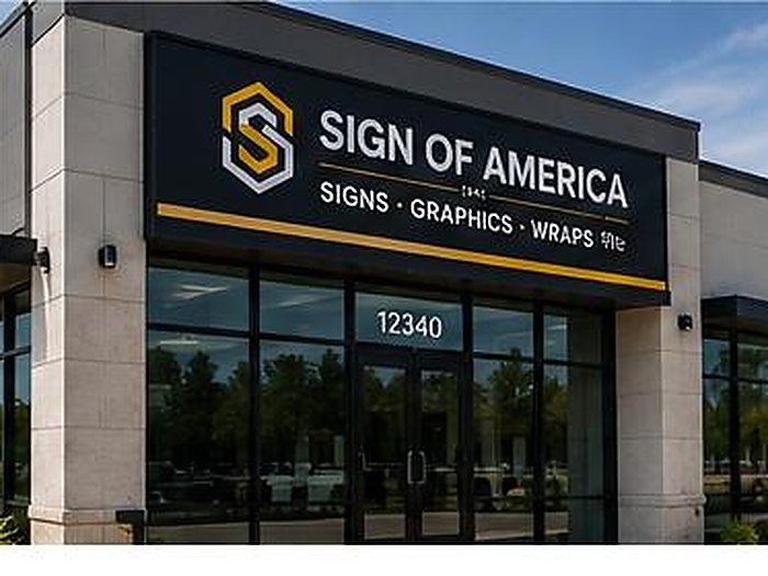 AI-generated mockup, not an actual Sign of America project — temporary design asset for layout review only. Illuminated storefront sign.