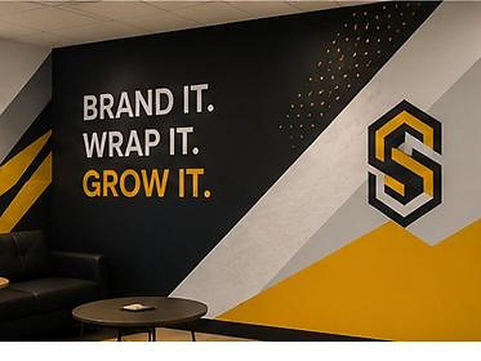 AI-generated mockup, not an actual Sign of America project — temporary design asset for layout review only. Interior wall graphics.