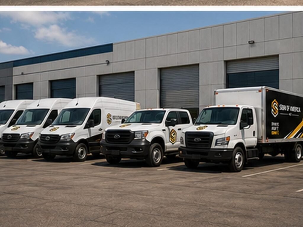 AI-generated mockup, not an actual Sign of America project — temporary design asset for layout review only. Fleet vehicle graphics.