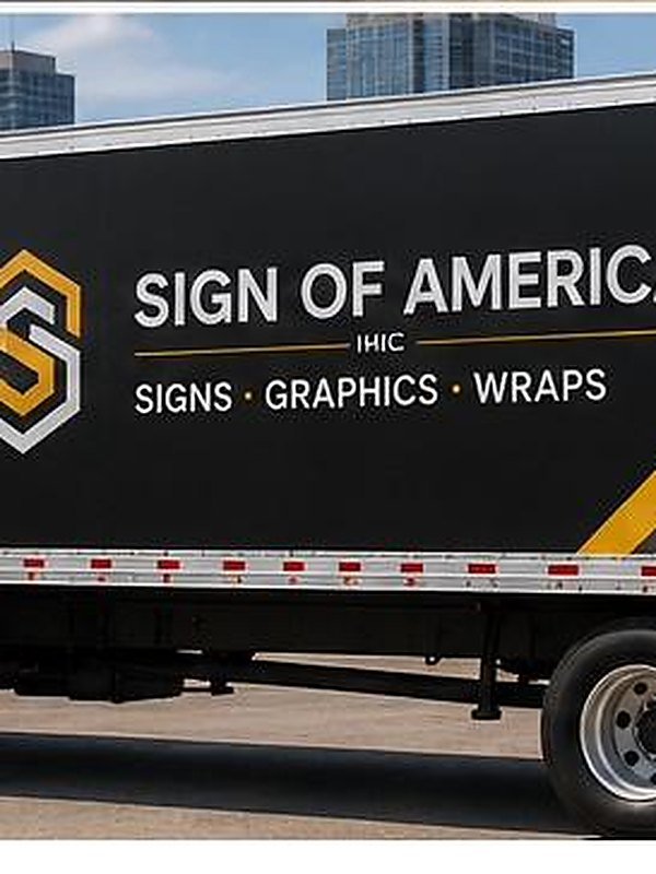 AI-generated mockup, not an actual Sign of America project — temporary design asset for layout review only. Box truck wrap.