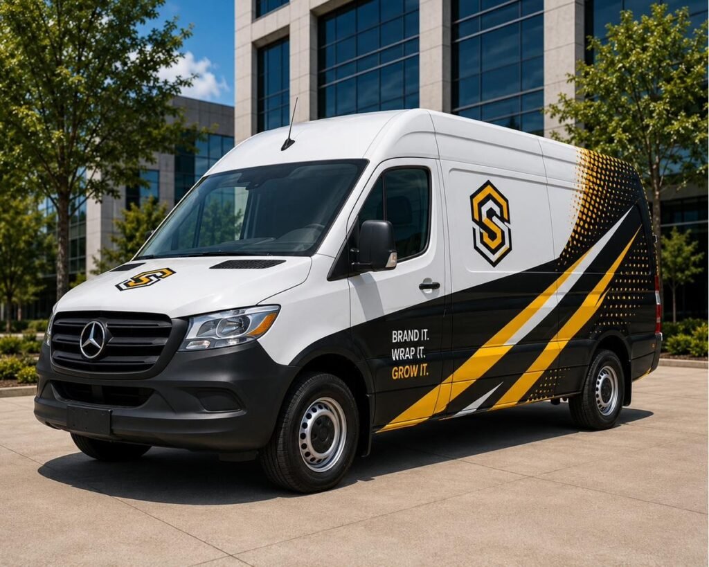 AI-generated mockup, not an actual Sign of America project — temporary design asset for layout review only. Vehicle wraps feature.