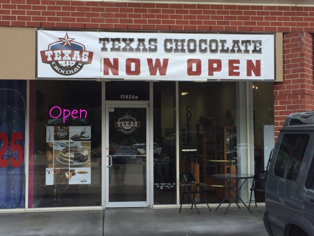 Storefront sign for Texas Chocolate in Houston, TX